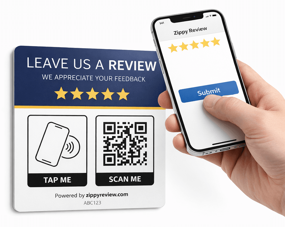 ZippyReview - Hand holding phone leaving a 5-star review