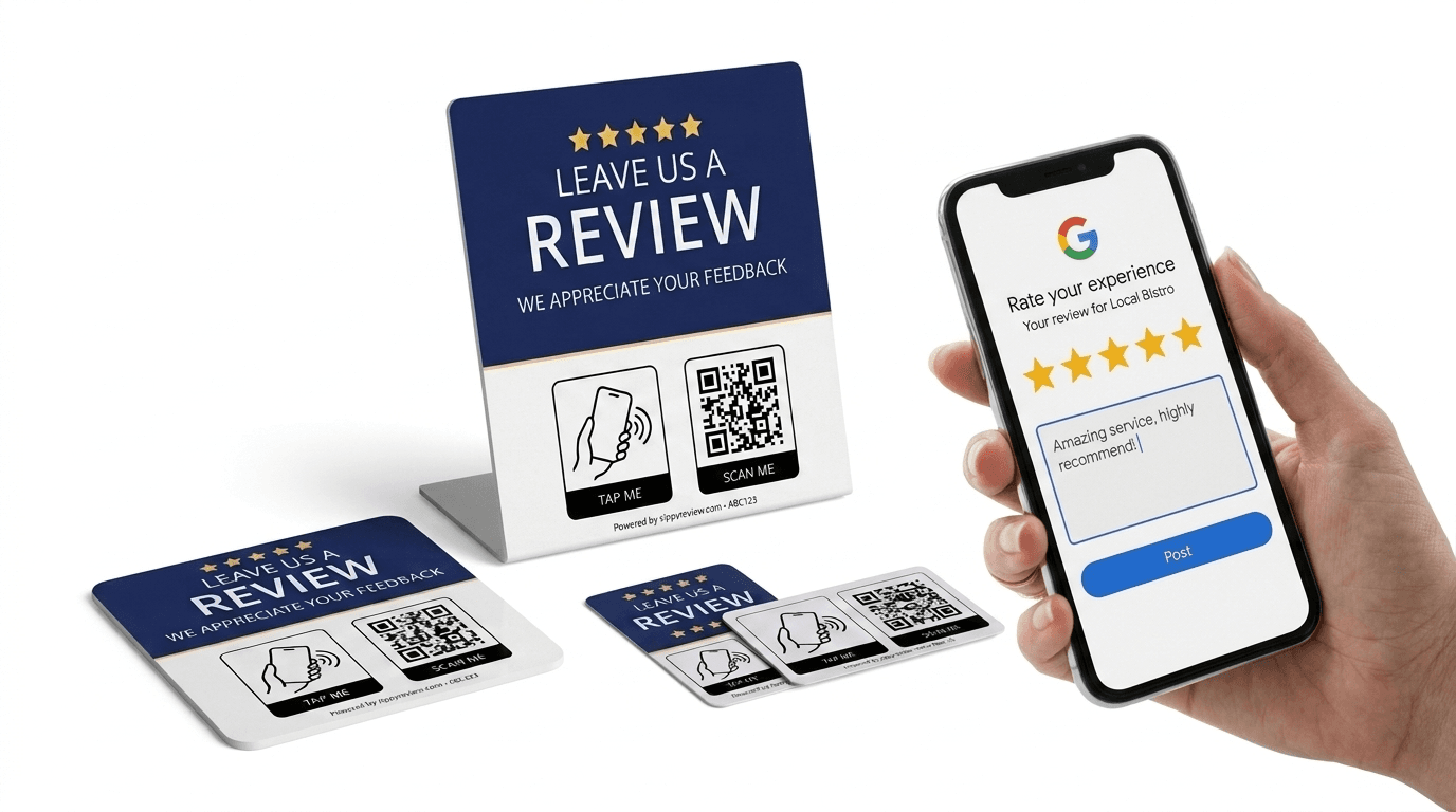 ZippyReview products - review plaque, stand, and card with phone showing 5-star Google review