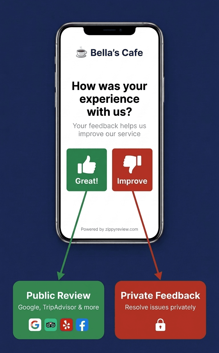 Smart Routing — happy customers leave public reviews, unhappy customers get private feedback form